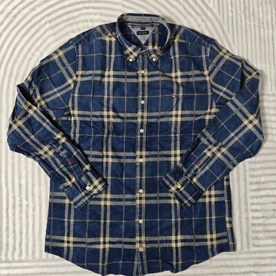 汤家 中古风 复古灯芯绒蓝格子衬衫 格调情侣款