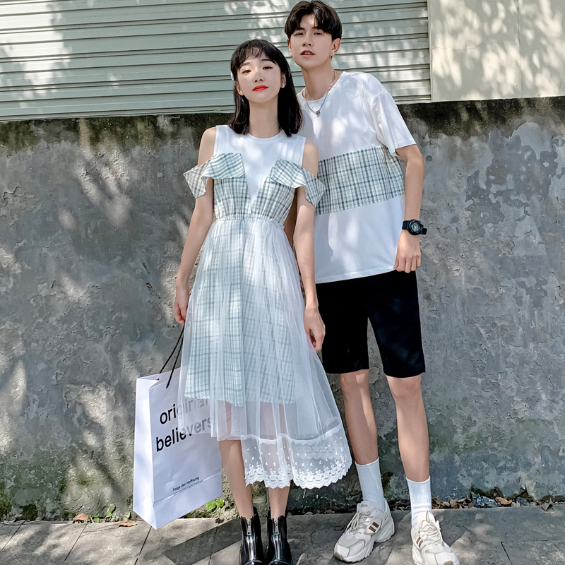 很仙的情侣装夏装套装炸街法式短袖T恤你衣我连衣裙子小众设计感