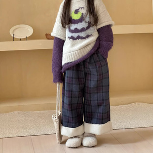 女童冬季 毛呢裤 韩版 儿童宽松洋气翻边阔腿裤 加绒格子裤 三年级