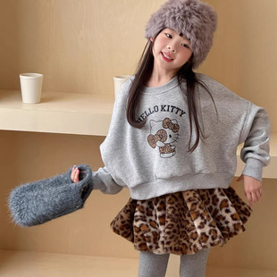 上衣 卡通猫咪短款 女宝宝加绒宽松卫衣 女童复古美式 三年级