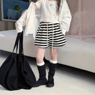 女童夏季 儿童黑白条纹休闲阔腿短裤 新款 宽松短裤 韩版 三年四班