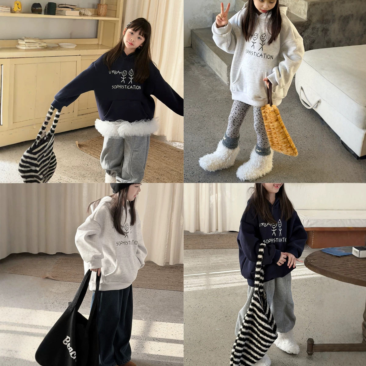 四班男女童冬季韩版连帽卫衣美式复古卡通火柴人印花加绒宽松卫衣