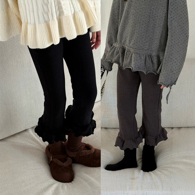 四班 女童秋冬花边喇叭裤微喇裤儿童高腰小众木耳边弹力裤八分裤