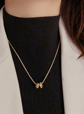 轻奢小众高级感镶钻双圆环吊坠项链气质时尚个性百搭毛衣链配饰品