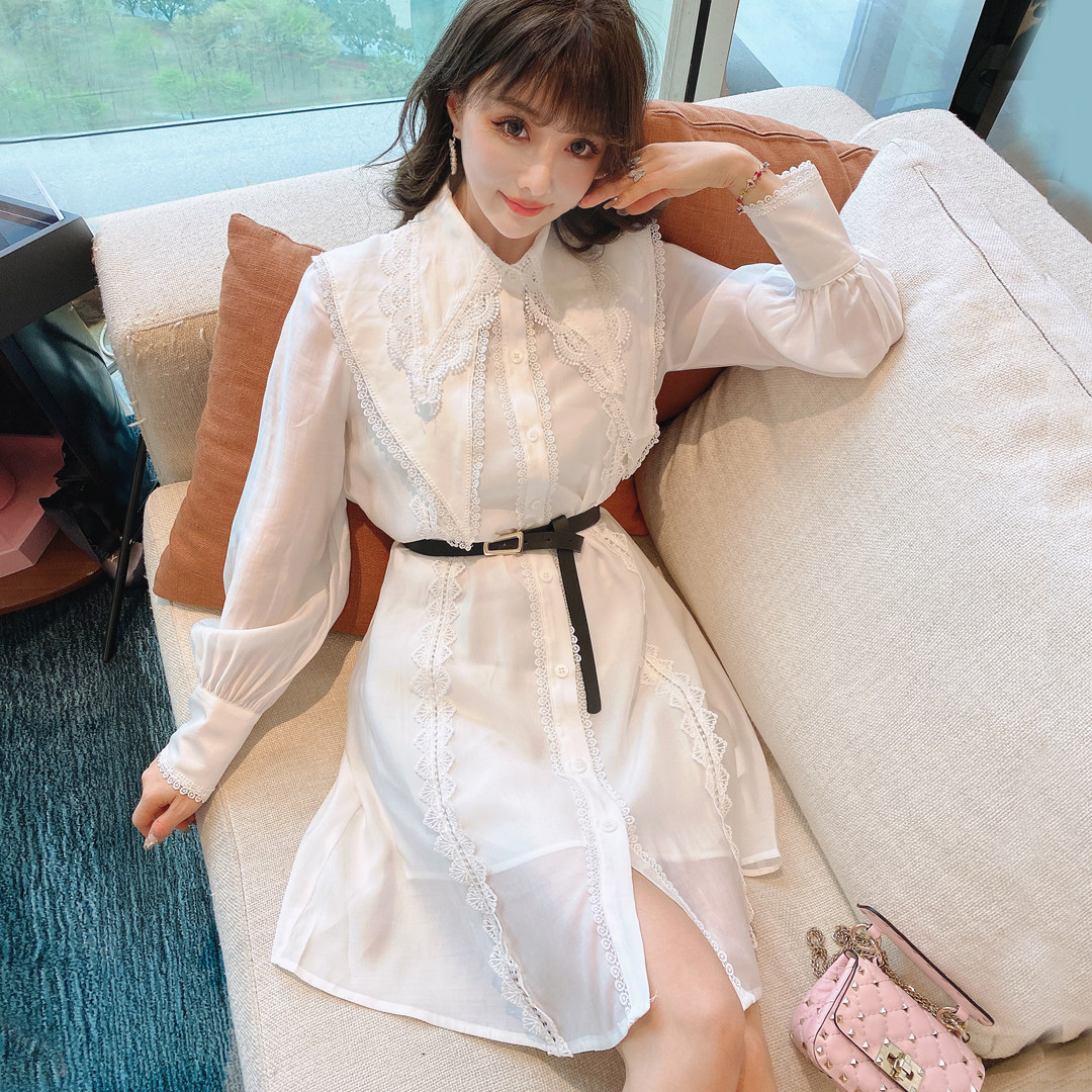 兔子小姐 法式小众名媛风蕾丝娃娃领衬衫裙~白色仙女裙