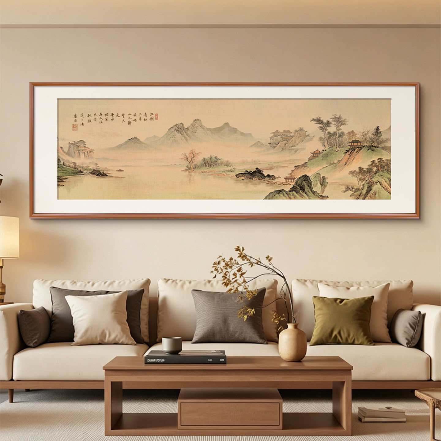 湖山春暖图宋式美学山水画新中式客厅沙发电视背景装饰画茶室挂画