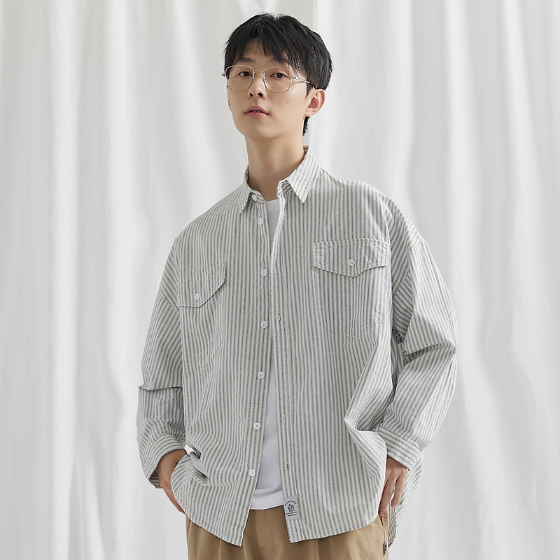 条纹长袖衬衫尖领日系