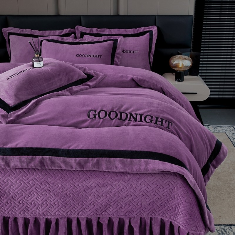 牛奶绒四件套冬季加绒双面珊瑚绒被套床单双拼纯色绣花保暖床品