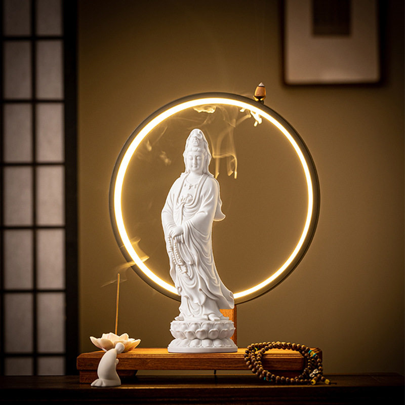 陶瓷立莲南海观音菩萨佛像摆件灯圈白瓷观世音菩萨站立像家用供奉