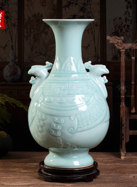 粉青釉凤尾尊景德镇手绘浮雕青瓷花瓶家居客厅瓷器摆件手工花瓶