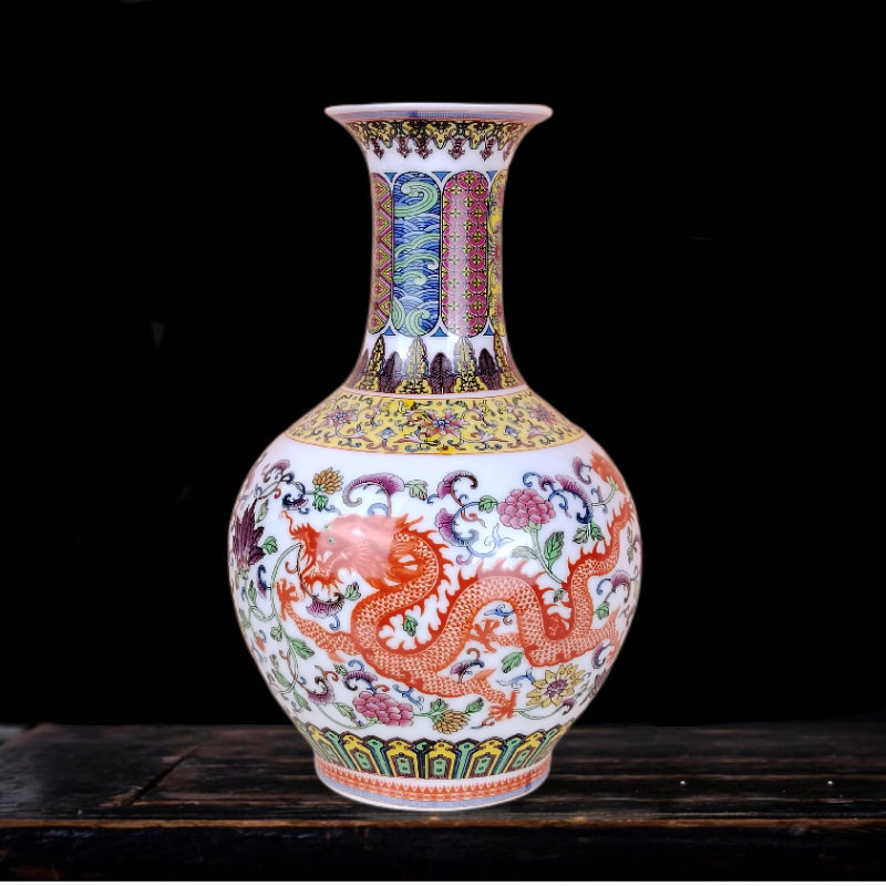 景德镇中式古典装饰礼品珐琅彩仿古龙凤花瓶家居客厅插花瓷器瓶子