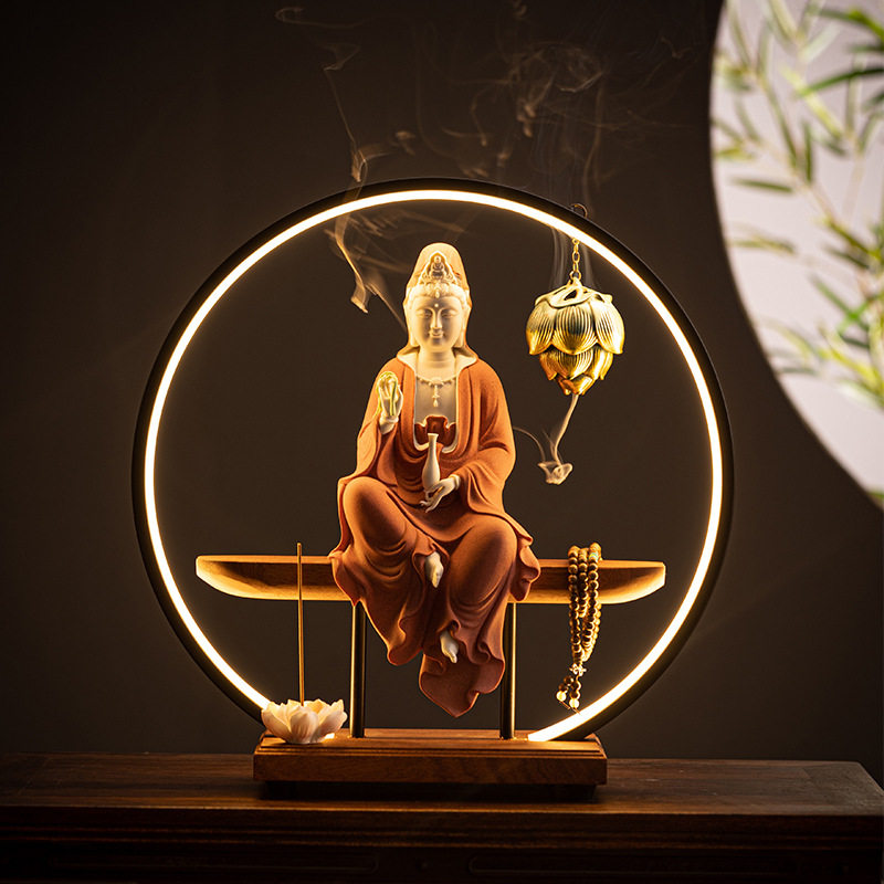 陶瓷杨柳观音家用供奉观士音娘娘家居摆件家用观世音菩萨倒流香炉