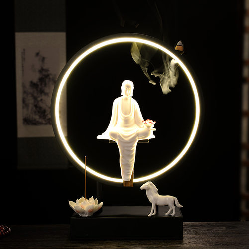 灯圈中式倒流香炉家用室内客厅装饰品茶室办公室禅意陶瓷摆件白瓷