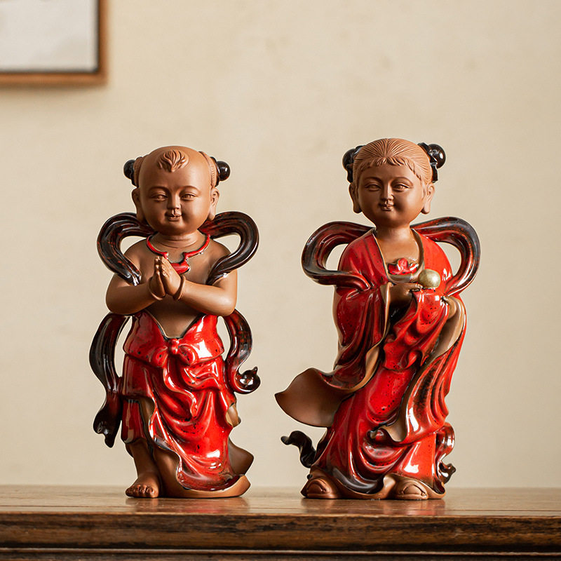 紫砂金童玉女佛像摆件供奉家用招财善财童子龙女观音菩萨佛前侍奉