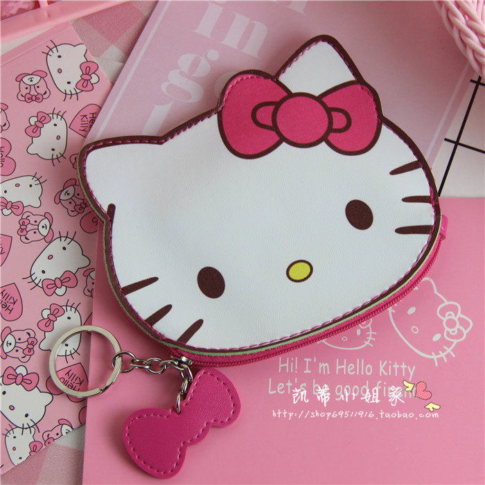 可爱卡通hellokitty机器猫猫头扁零钱包带钥匙扣硬币包便携手拿包