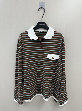 SKip Smile 甜美少女 白色娃娃领条纹长袖T恤女 爱心纽扣宽松上衣