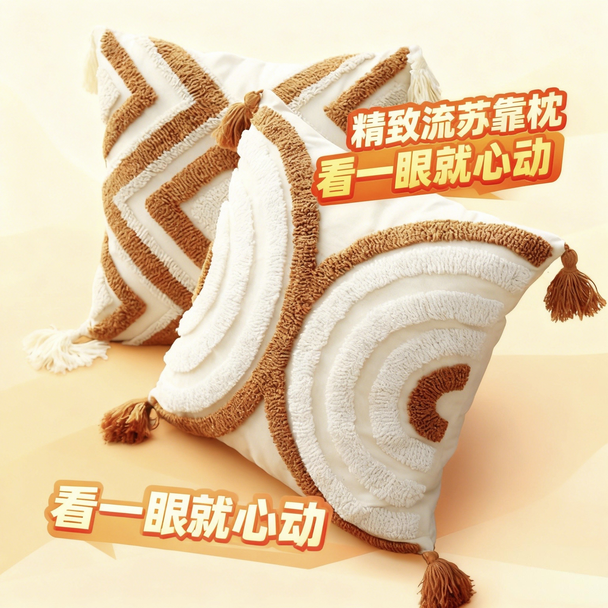  ins风民族简约圈绒簇绒抱枕 沙发客厅软装流苏靠垫装饰靠枕