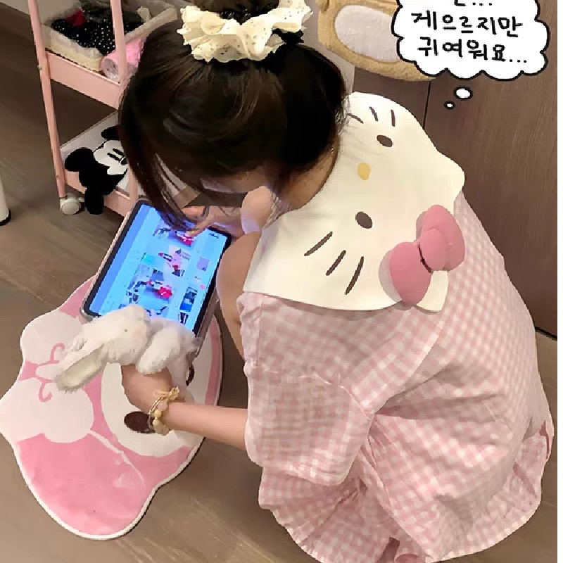 爆款可爱HelloKitty印花短袖睡裙女款夏季家居服格子连衣裙可外穿