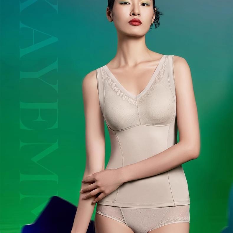 香月明美女士新款68882蕾丝V领蚕丝五指杯单衣免穿文胸无钢圈背心
