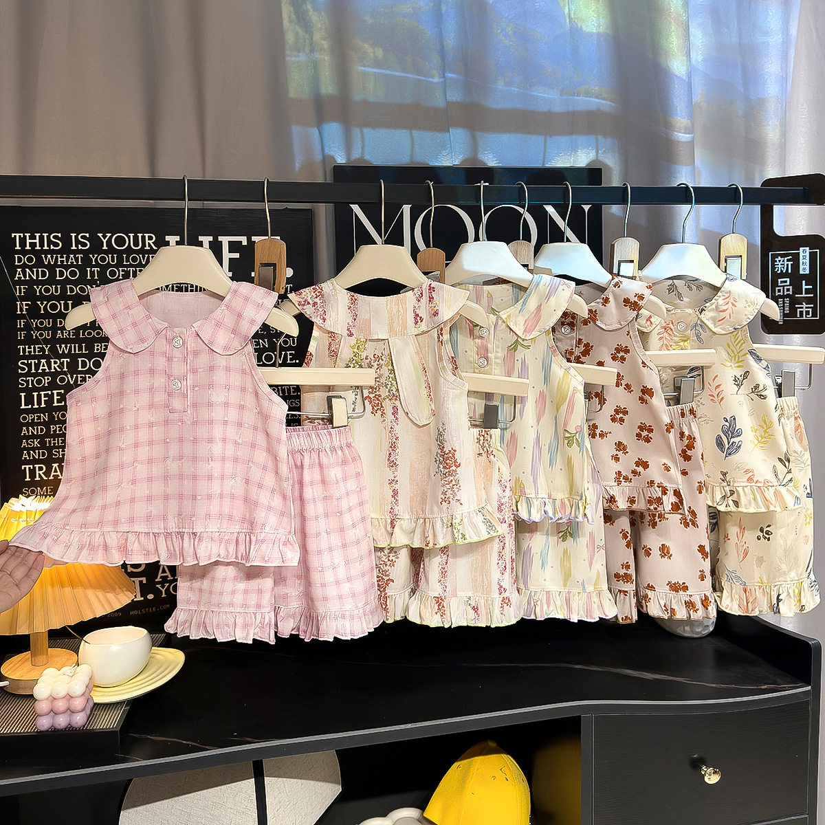 南郭良品新款女童夏季娃娃领长耳朵套装女宝宝无袖背心洋气甜美