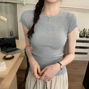 南郭良品白色时尚灰色T桖打底针织冰丝短袖T恤女2025新款甜辣上衣