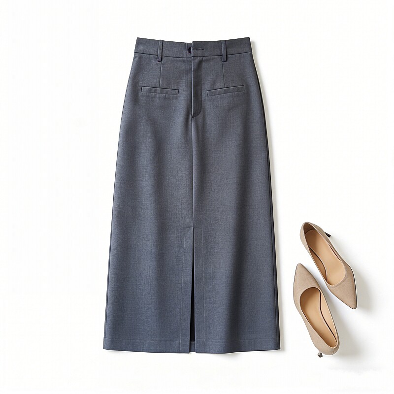 2026年春夏新款显瘦腰带OL通勤西装半身裙前开叉腰带中长款直筒裙