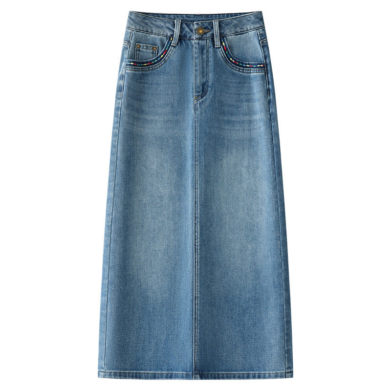 蓝色牛仔半身裙女新款夏季高腰显瘦中长款a字裙开叉包臀裙子