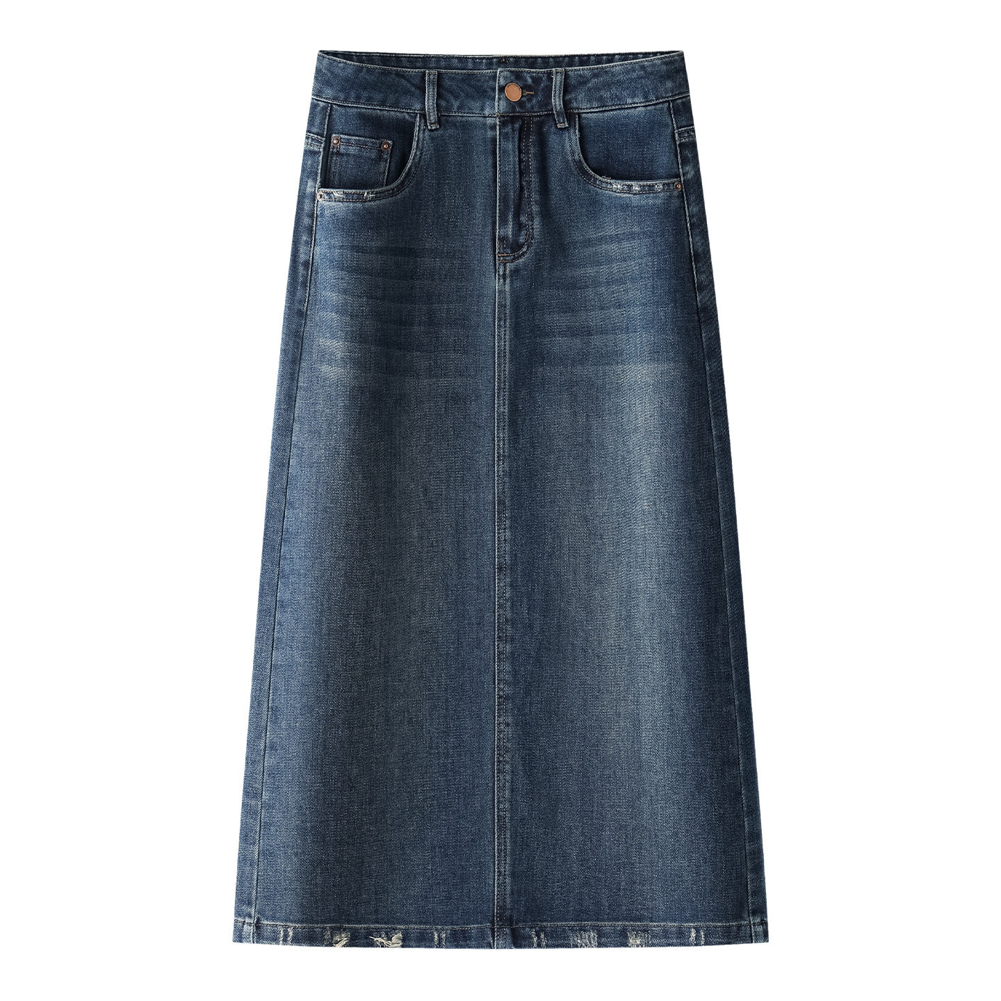 新款蓝色牛仔半身裙女百搭通勤风高腰显瘦气质后开叉中长款直筒裙