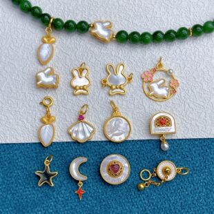 古法金925纯银DIY饰品配件镶嵌白贝母小兔子吊坠隔珠胡萝卜编绳