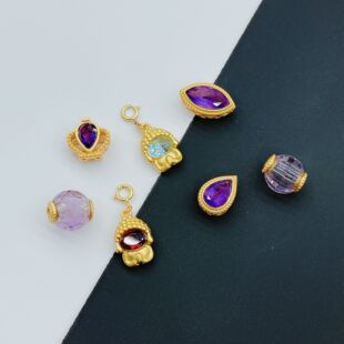 925银饰古法镀金配件天然紫水晶宝宝佛吊坠水滴隔珠diy手串佛珠