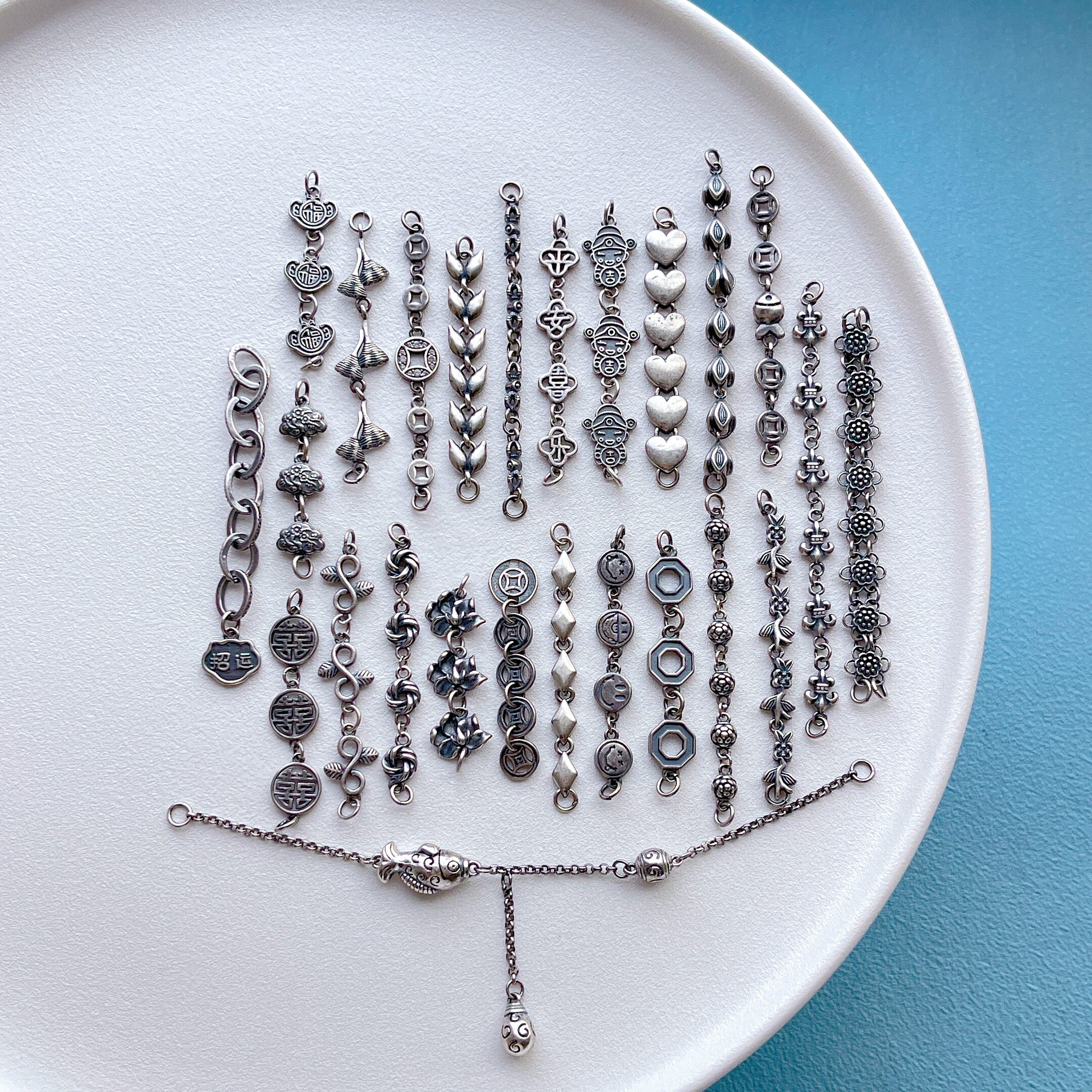 三七老银饰品配件钱币麦穗锦鲤莲花如意金刚杵延长链加长链条diy