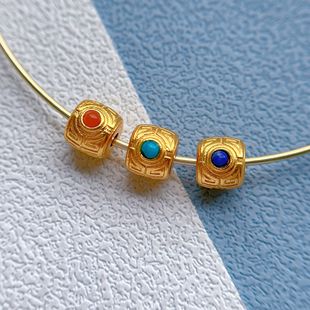 古法金s925银镀24K金配件镶嵌南红绿松石青金石桶珠隔珠DIY串手链