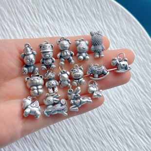 足银999纯银饰配件猫爪摇摇木马闪电熊小鹿小恐龙吊坠提溜挂坠diy