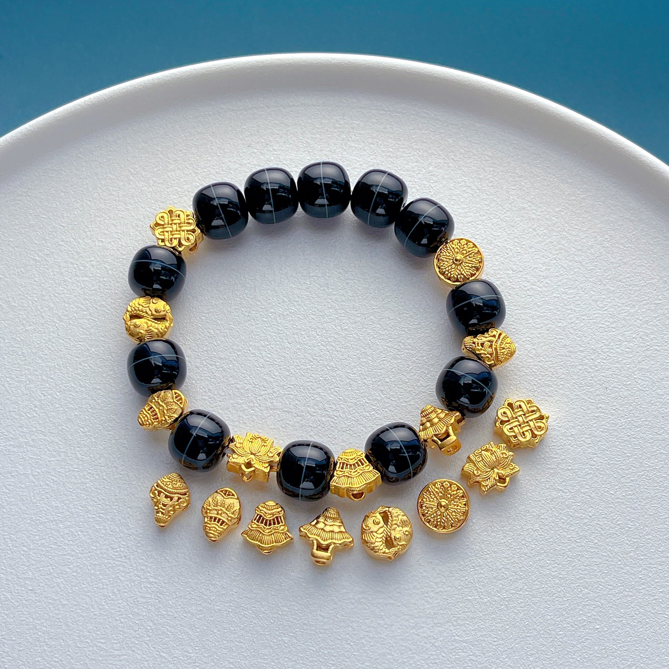 包24K古法金保色配件錾刻吉祥八宝金轮宝瓶法螺吉祥结隔珠背云diy