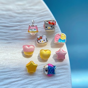 足银999纯银饰配件烧蓝彩虹糖果色KT猫小鱼象爱心五角星隔珠吊坠