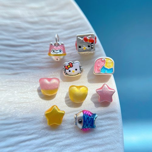 纯银烧蓝KT猫小鱼象爱心隔珠吊坠