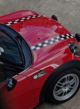 电MINI宝马迷你R56机盖专用拉花F56黑白格背带裤小众改装车贴纸