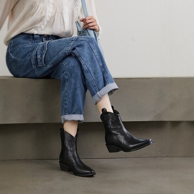 尖头复古西部牛仔靴气质中筒靴子