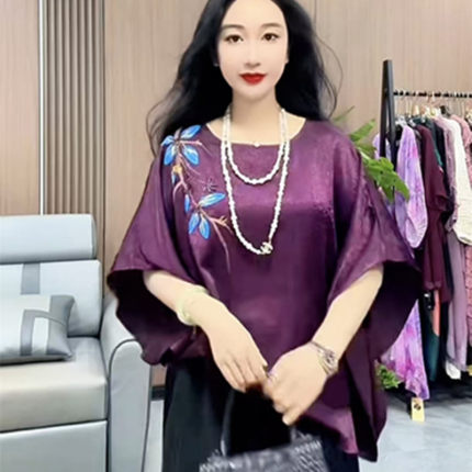 红蜓夏季新款真丝手绘钉珠印花宽松蝙蝠袖大码圆领上衣气质妈妈装