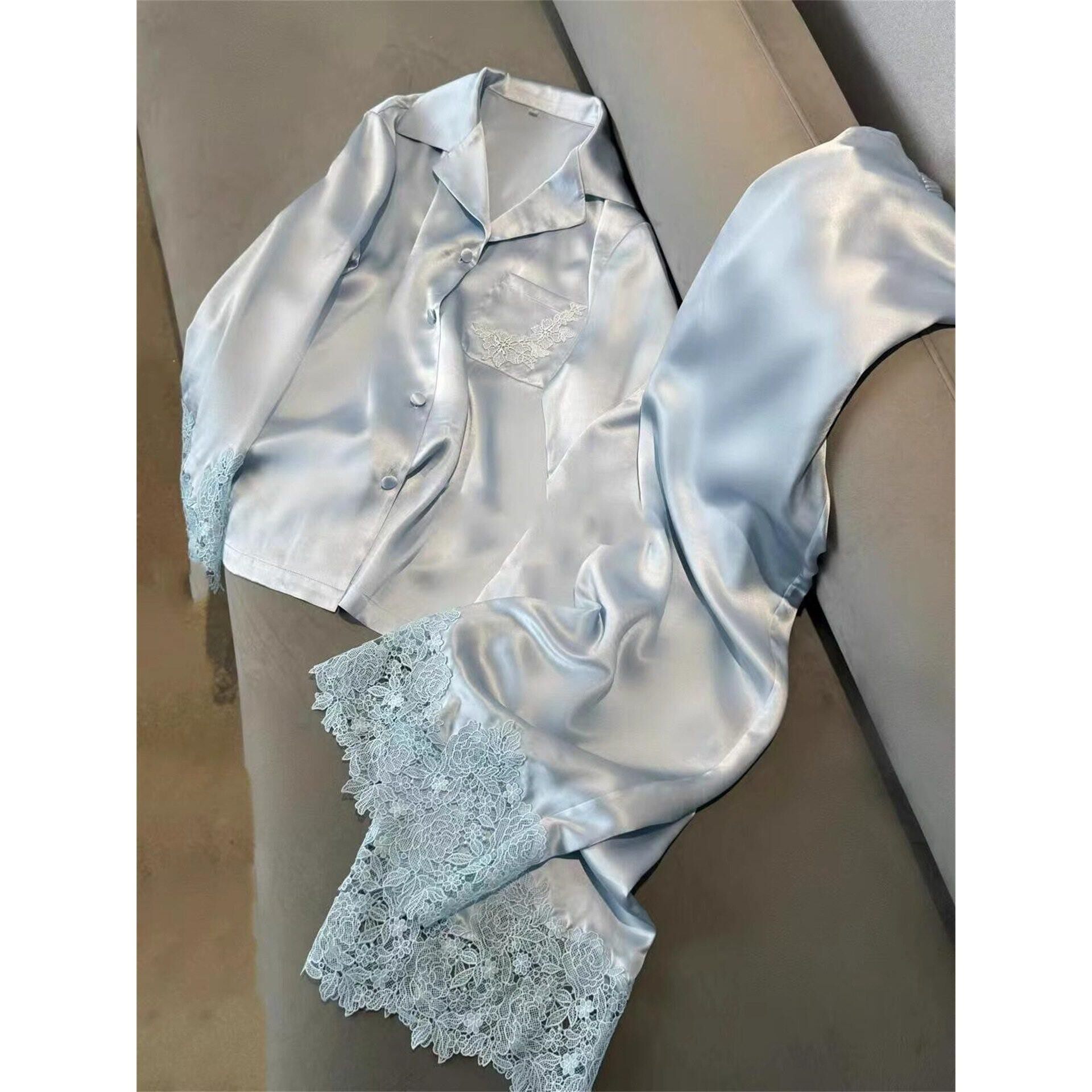 春夏秋天新款冰丝睡衣女长袖宽松薄款丝绸花边家居服网红高贵套装