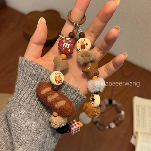 挂件美式复古咖色包挂毛毡面包挂饰手机链配饰钥匙扣挂坠情侣礼物