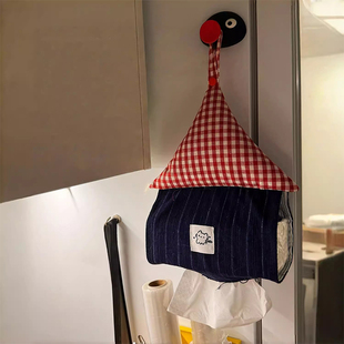 悬挂式纸巾套可爱红格房子抽纸挂袋壁挂纸巾包床头客厅纸抽收纳袋