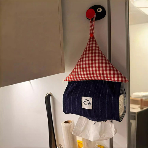 悬挂式纸巾套可爱红格房子抽纸挂袋壁挂纸巾包床头客厅纸抽收纳袋