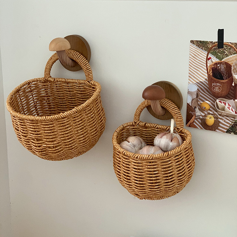 姜蒜收纳筐厨房壁挂收纳篮复古手提小篮子家用多功能水果篮挂篮