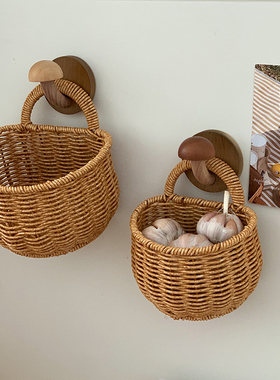 姜蒜收纳筐厨房壁挂收纳篮复古手提小篮子家用多功能水果篮挂篮