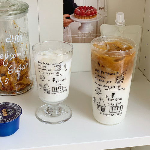 涂鸦杯子玻璃杯女高颜值水杯高绷硅咖啡杯2025新款家用饮料果汁杯