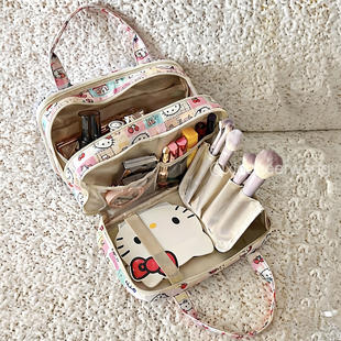 格子猫咪化妆包大容量女化妆品收纳包手提便携多功能分区洗漱包