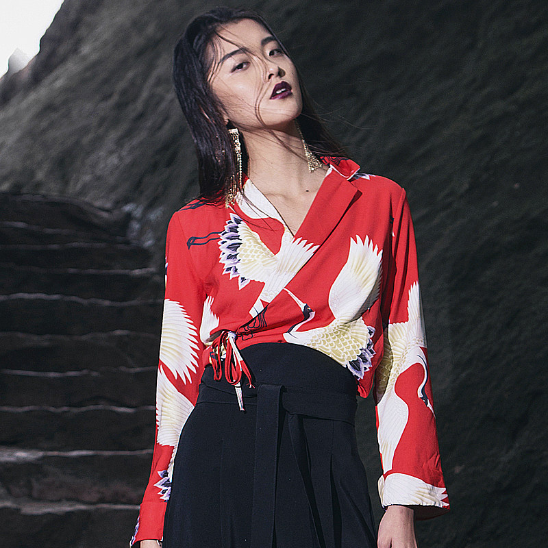 Ethnic style Retro vintage Red-crowned crane printing shirt Long sleeve Chinese style element Frenum jacketin the Women's clothing/Boutique , Shirt  category - from Buy2taobao.com to provide professional Taobao agent buy service