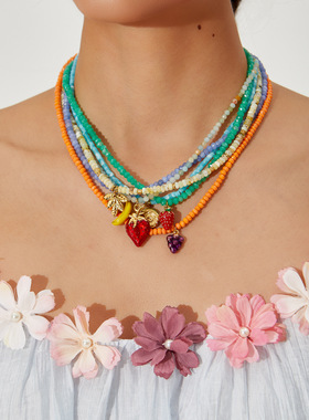 跨境欧美风彩色枫叶水果海螺不锈钢吊坠天然石女串珠项链适合