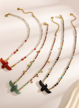 25欧美风质感小鹰天然石钛钢不掉色串珠项链跨境热卖女毛衣链